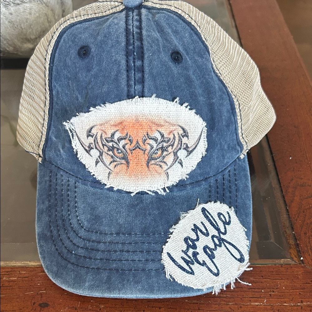 War eagle Distressed Blue Mesh-Back Trucker Hat with Tribal Detail